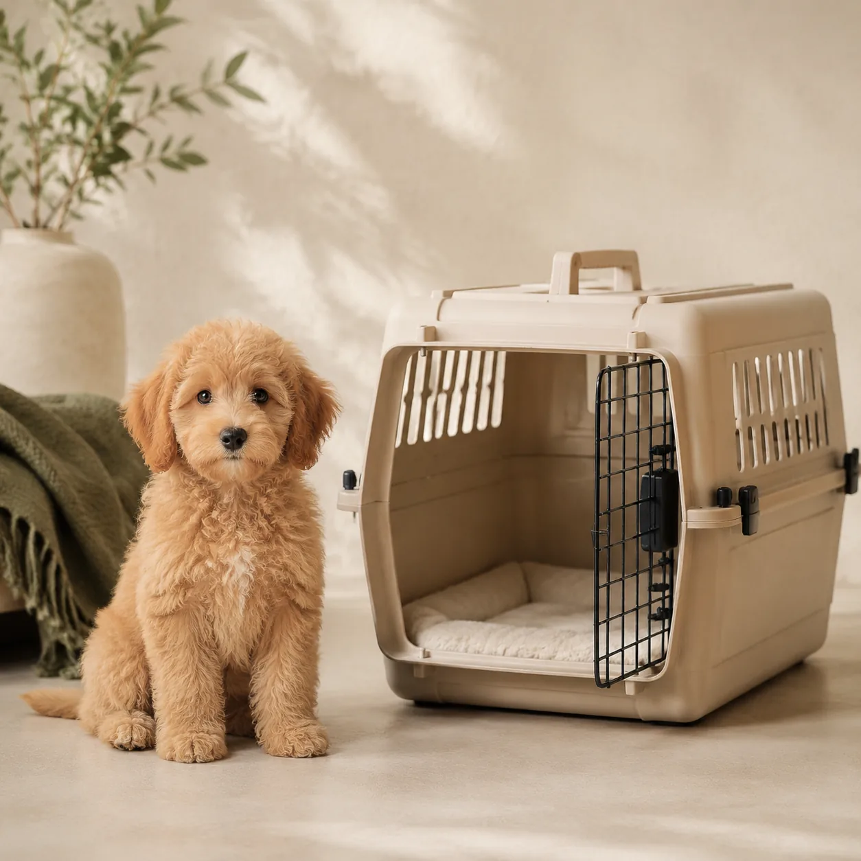Illustrative image of a puppy beside an open travel crate